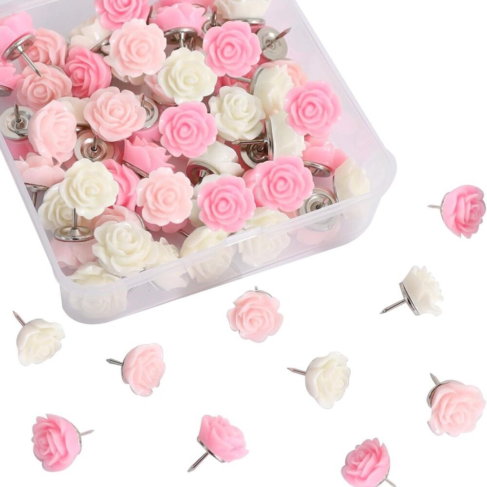 60 Pcs White and Cream Pink Rose Flower Push Pin with Gradient Color for Bulleti
